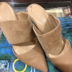 THESE SOLD !!!! Via Spiga Suede Mules Tan